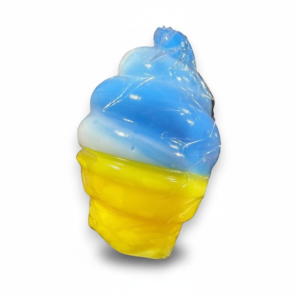 Mellow Monkey blue and yellow glittery ice cream squeeze toy for stress relief and sensory play.