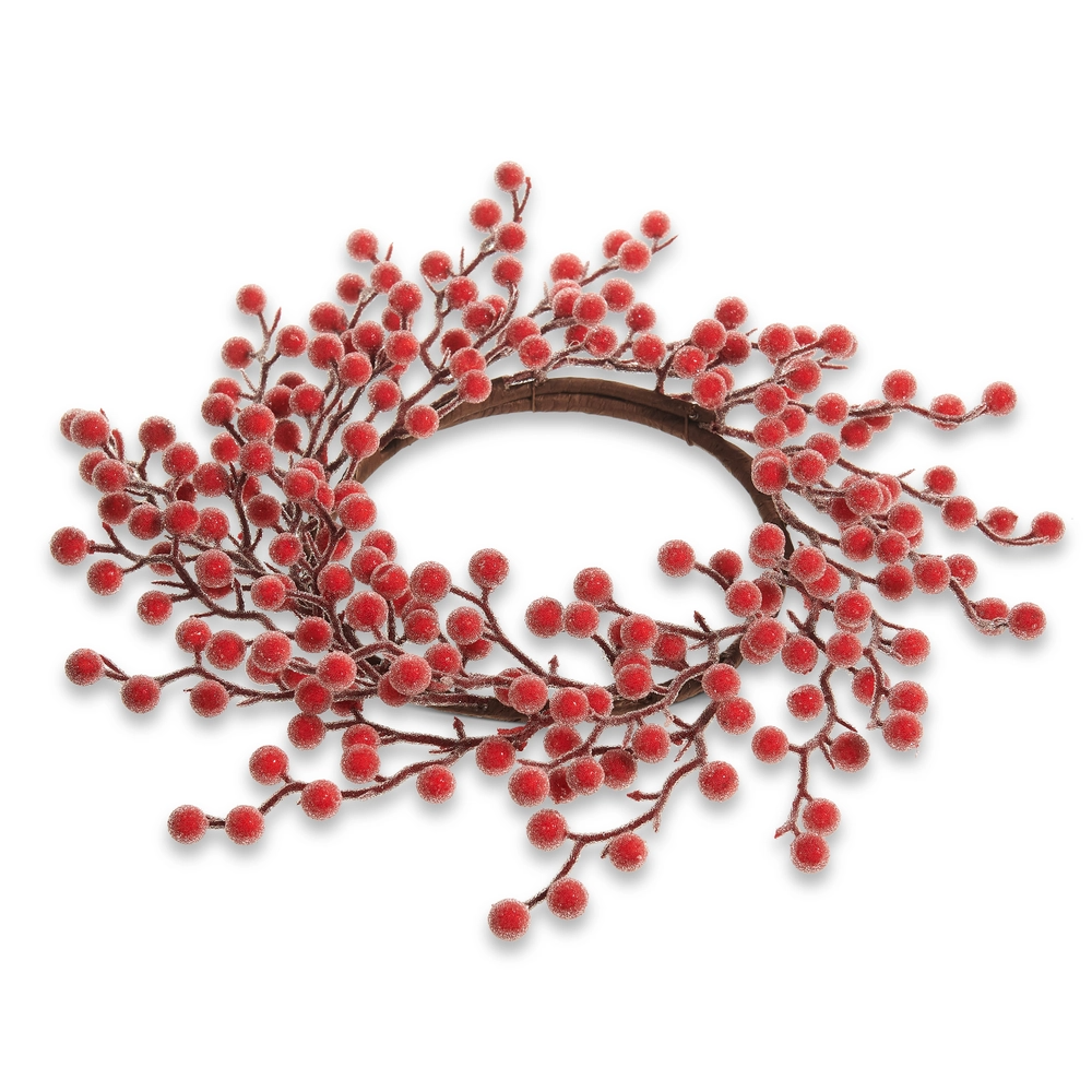 Mellow Monkey 13.5-inch iced berry candle ring with frosted red berries on a rattan base for holiday table decor.