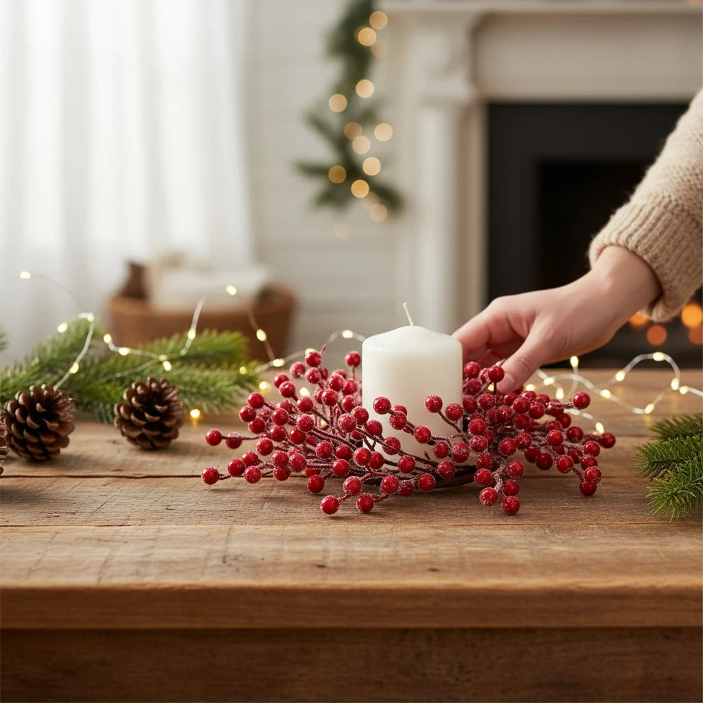 Mellow Monkey 13.5-inch iced berry candle ring with frosty red berries on a rustic wooden table with a pillar candle