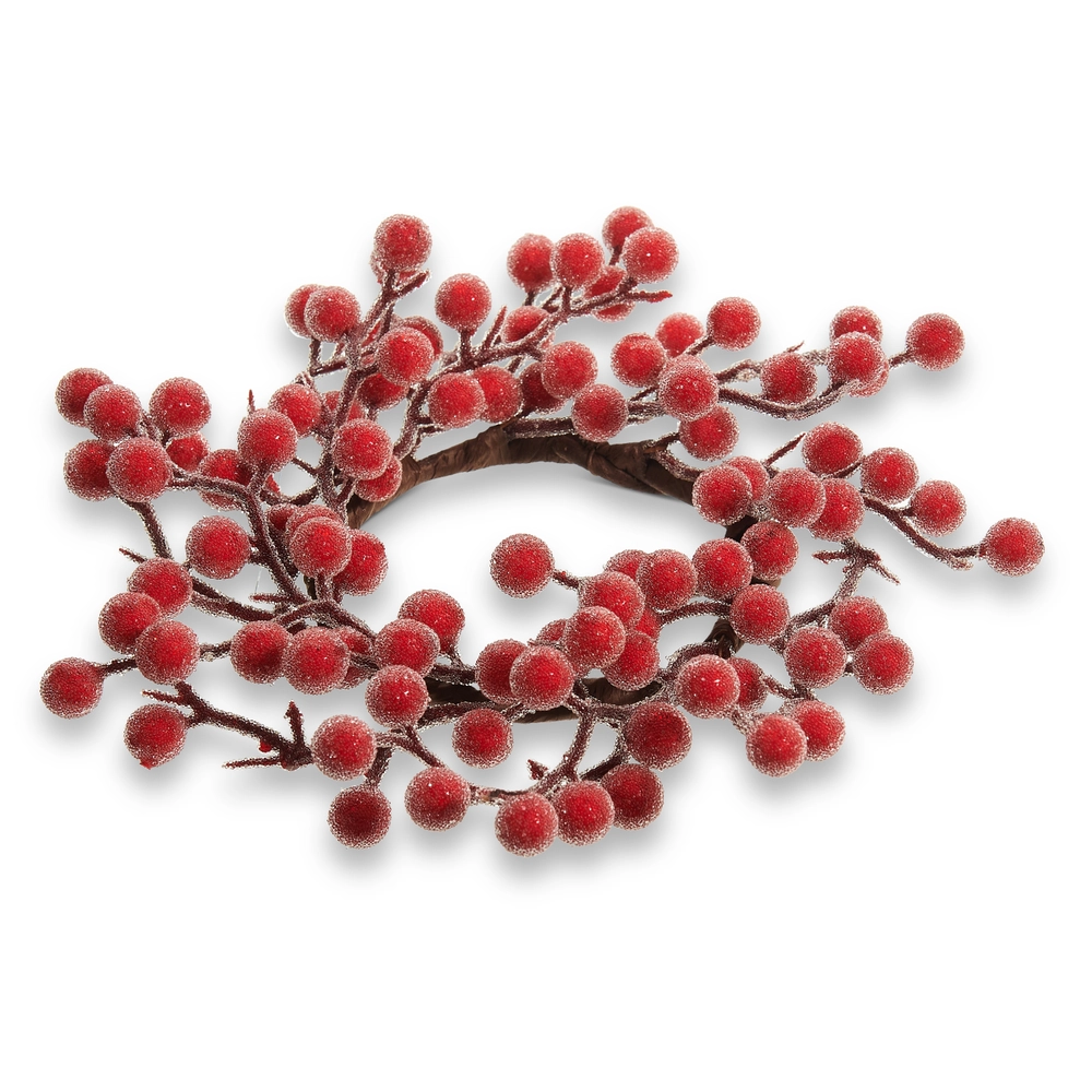 Mellow Monkey 8.5-inch iced berry candle ring with frosted red berries on a natural rattan base for holiday decor.