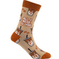 Mellow Monkey bamboo knit socks in light tan with iced coffee cup pattern, terracotta accents, and playful text.