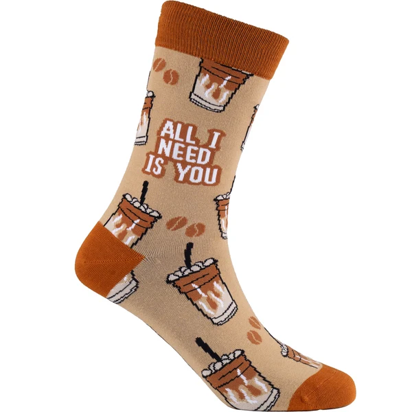 Mellow Monkey bamboo knit socks in light tan with iced coffee cup pattern, terracotta accents, and playful text.