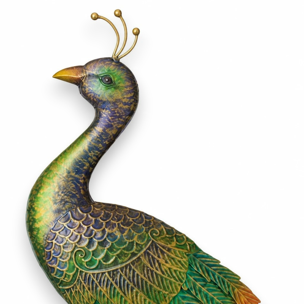 Mellow Monkey Imperial Peacock wall decor featuring embossed emerald, sapphire, and gold metal feathers.