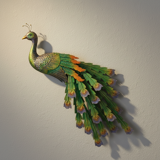 Mellow Monkey Imperial Peacock wall decor featuring embossed jewel-toned feathers in emerald, sapphire, and gold.