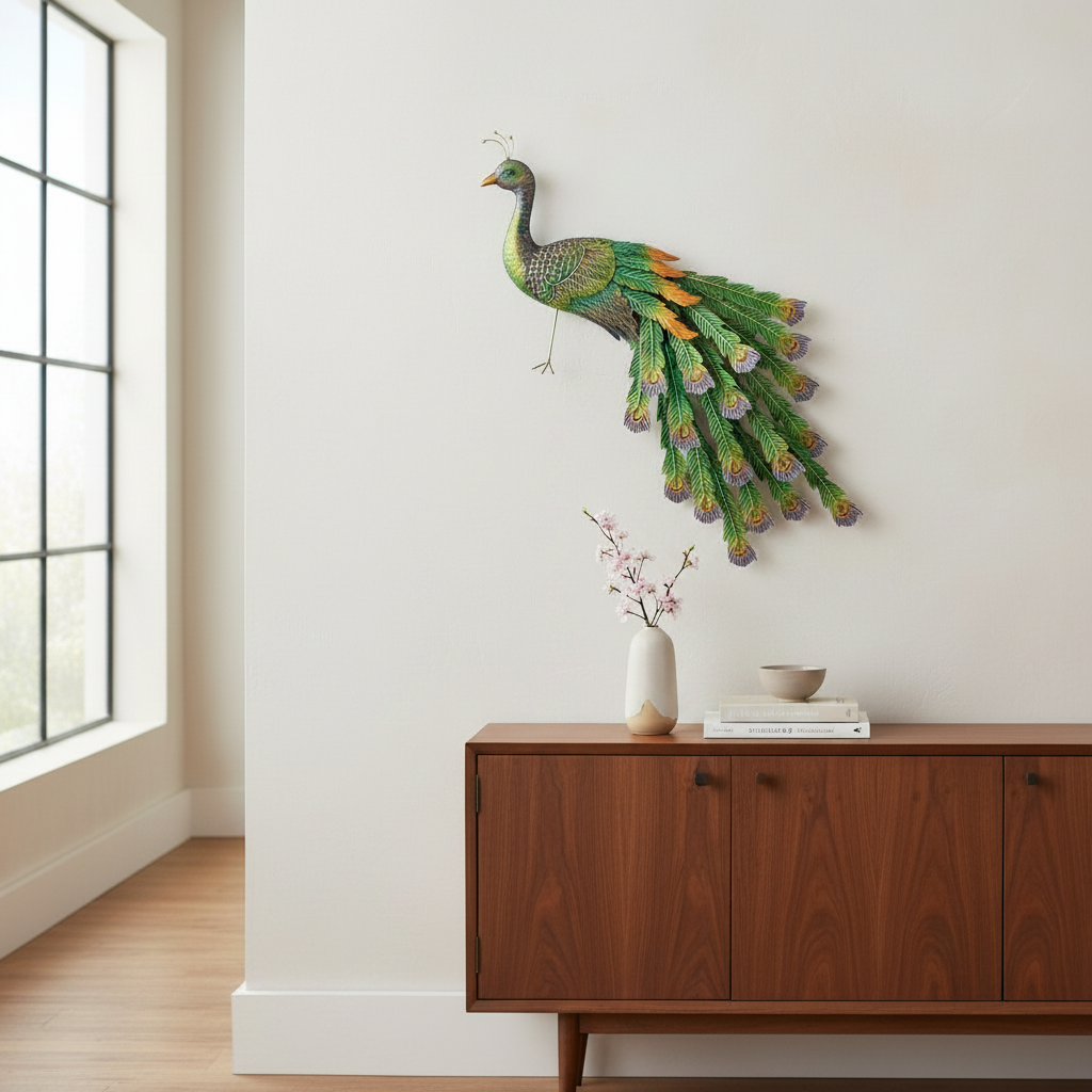 Mellow Monkey Imperial Peacock wall decor featuring embossed jewel-toned feathers in emerald, sapphire, and gold.