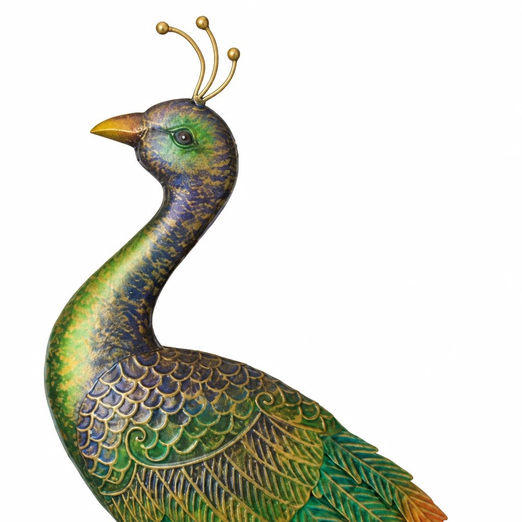 Mellow Monkey Imperial Peacock wall decor featuring embossed emerald, sapphire, and gold jewel-toned metal feathers.