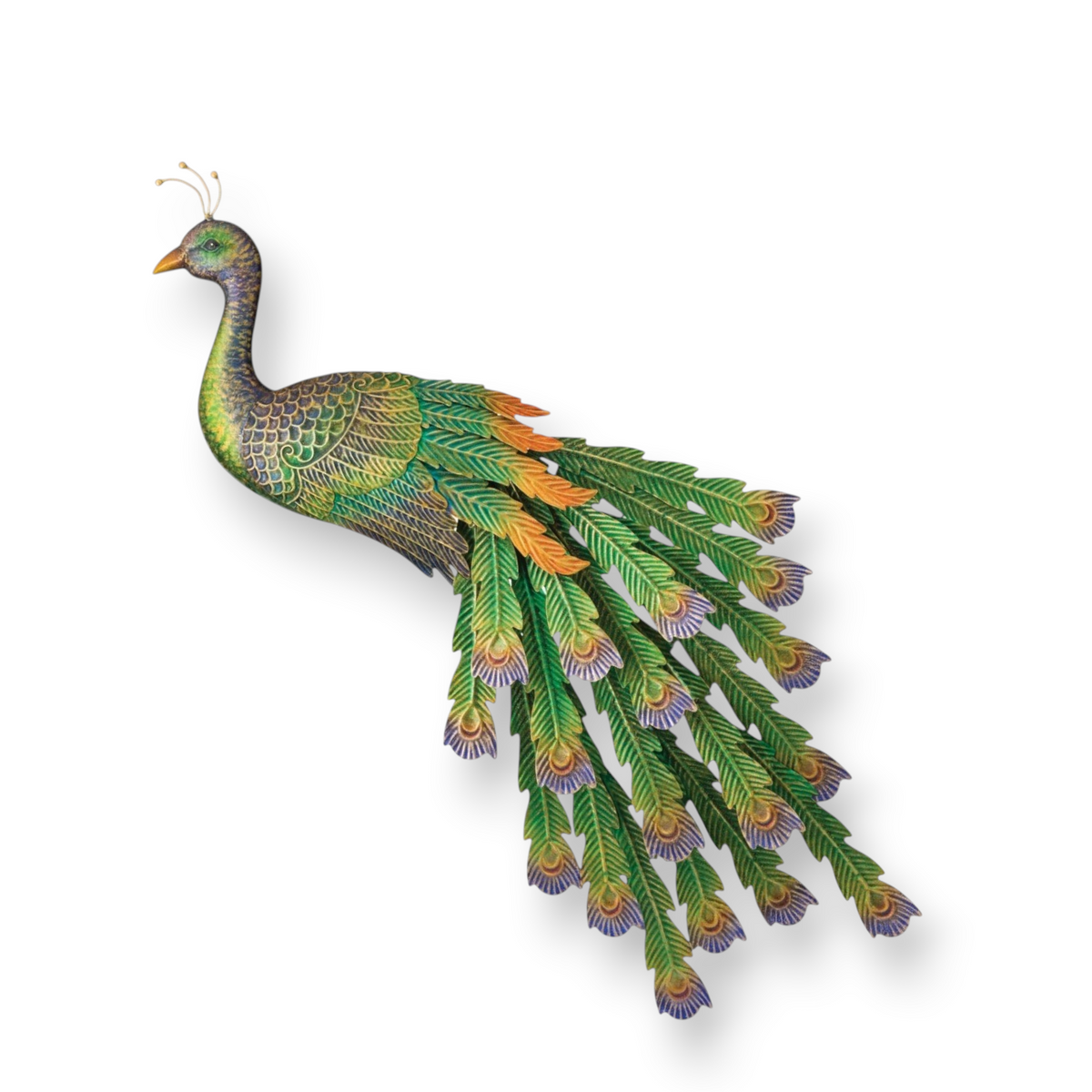 Mellow Monkey Imperial Peacock wall decor featuring embossed emerald, sapphire, and gold metal feathers.
