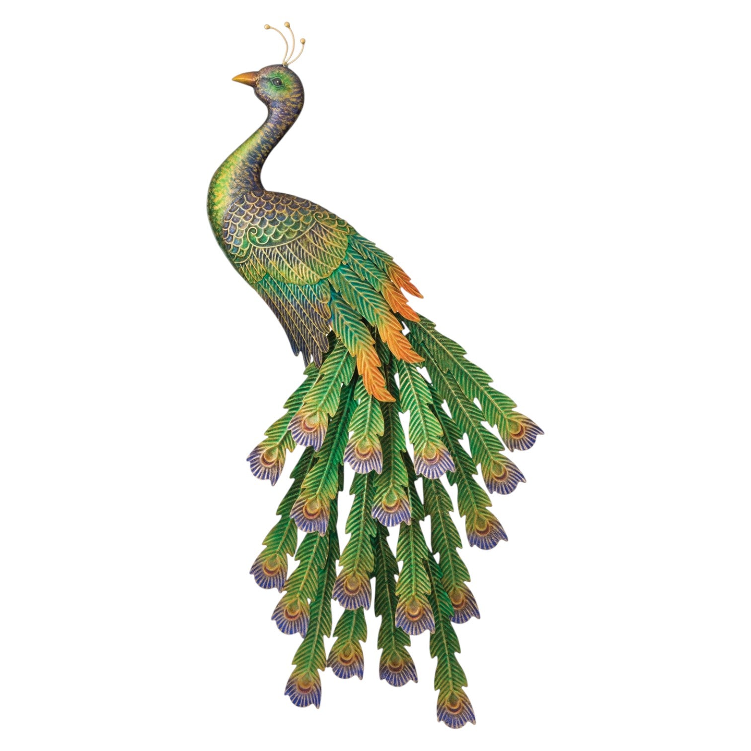 Mellow Monkey Imperial Peacock wall decor featuring embossed metal feathers in emerald, sapphire, and gold jewel tones.