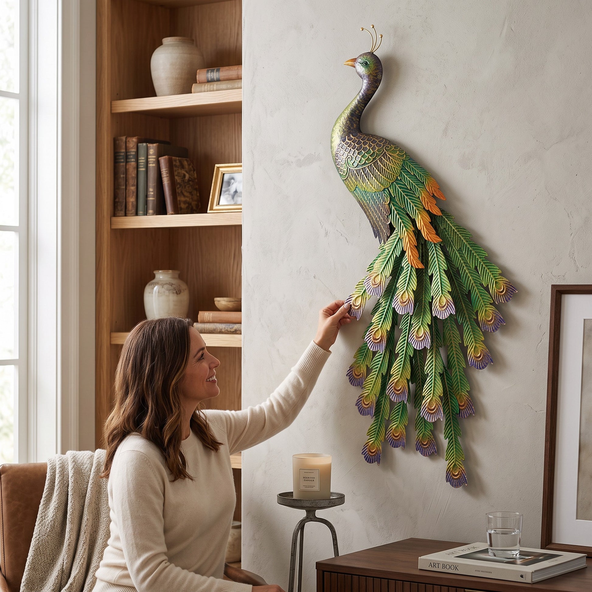 Mellow Monkey Imperial Peacock wall decor with embossed jewel-toned feathers in emerald, sapphire, and gold accents.