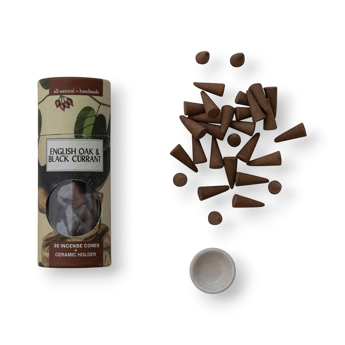 Mellow Monkey English oak and black currant incense cones with a small round ceramic holder in a decorative tube.