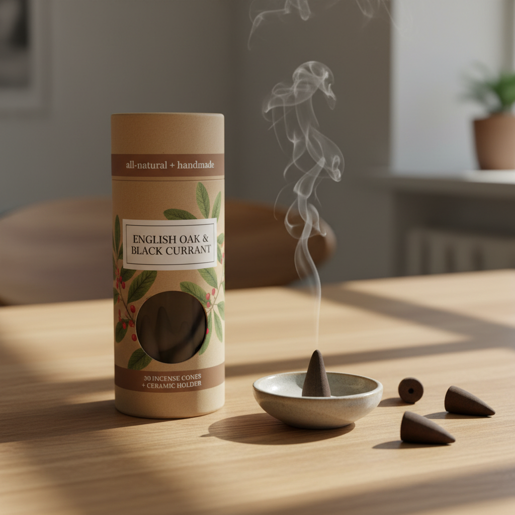 Mellow Monkey English Oak and Black Currant incense cones with a small ceramic holder on a wooden table
