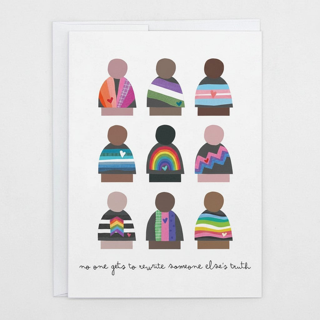 Mellow Monkey Inclusive Truth greeting card with colorful collage of diverse figures in pride flag patterns and empowering text.