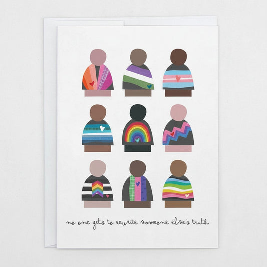 Mellow Monkey Inclusive Truth greeting card with colorful collage of diverse figures in pride flag patterns and empowering text.