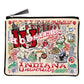 Mellow Monkey Indiana University zip pouch featuring a woven, colorful campus-themed illustration on poly fabric.