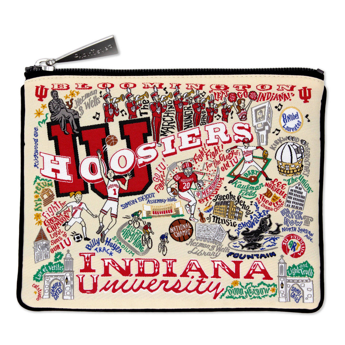 Mellow Monkey Indiana University zip pouch featuring a woven, colorful campus-themed illustration on poly fabric.