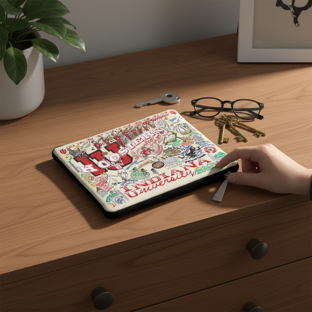 Mellow Monkey Indiana University zip pouch with colorful woven Hoosiers graphics on a wooden desk with keys and glasses
