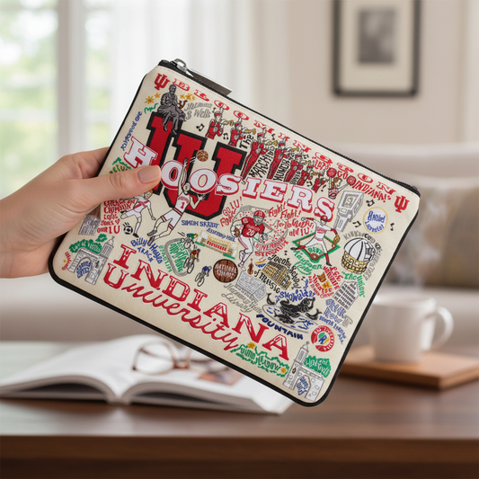 Mellow Monkey Indiana University zip pouch featuring colorful woven Hoosier graphics on durable polyester fabric.