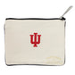 Mellow Monkey Indiana University zip pouch in cream polyester with a red woven IU logo and custom zipper pull.