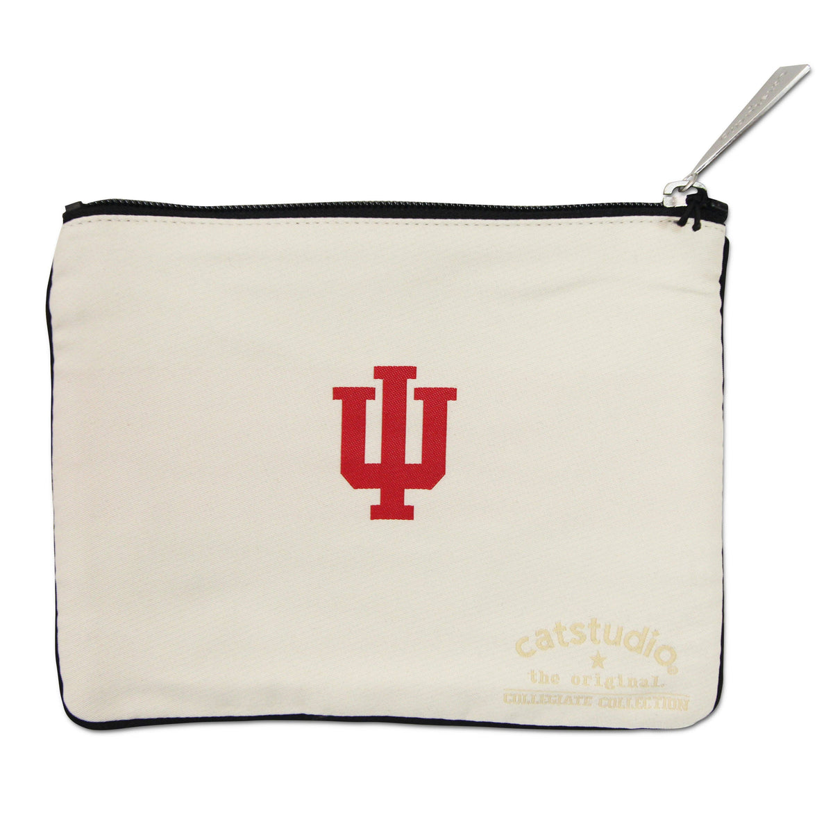 Mellow Monkey Indiana University zip pouch in cream polyester with a red woven IU logo and custom zipper pull.
