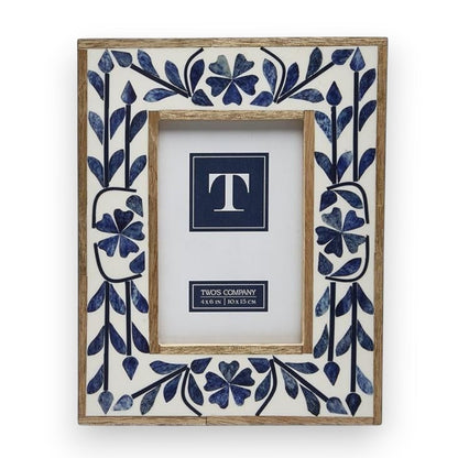 Mellow Monkey Indigo Flower Bone Inlay Photo Frame with blue floral design on white resin and mango wood. Stands vertically.