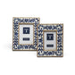 Mellow Monkey indigo flower bone inlay photo frame with blue floral pattern on white resin and mango wood. Stands vertically.