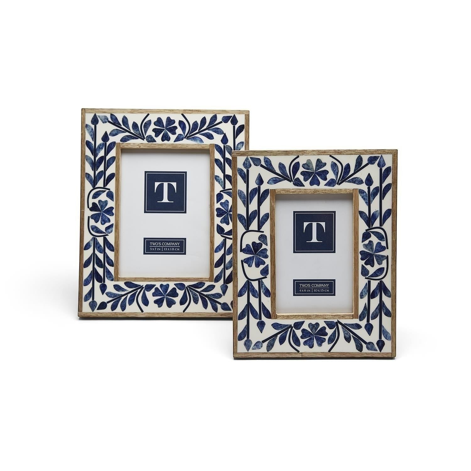 Mellow Monkey indigo flower bone inlay photo frame with blue floral pattern on white resin and mango wood. Stands vertically.