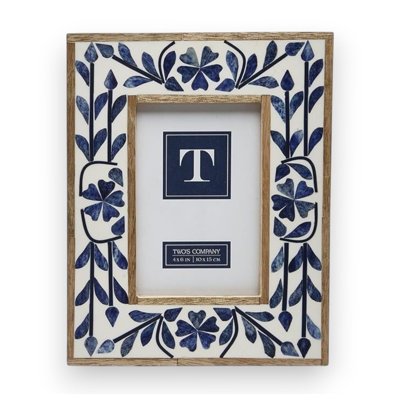 Mellow Monkey indigo flower bone inlay photo frame with mango wood foundation. Resin base with hand-carved bone flowers.