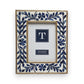 Mellow Monkey indigo flower bone inlay photo frame with mango wood foundation. Resin base with hand-carved bone flowers.