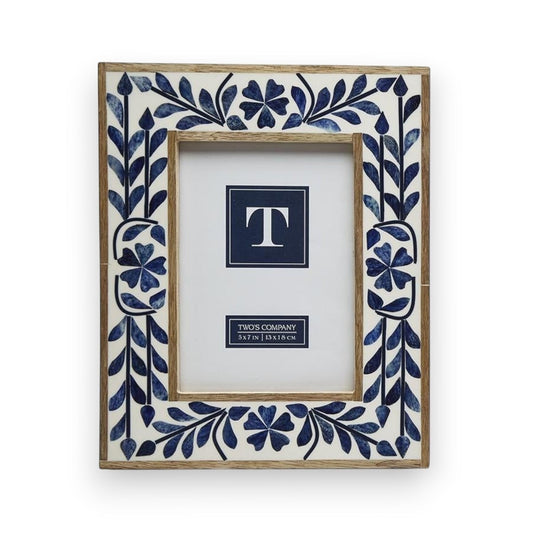 Mellow Monkey indigo flower bone inlay photo frame with mango wood foundation. Resin base with hand-carved bone flowers.