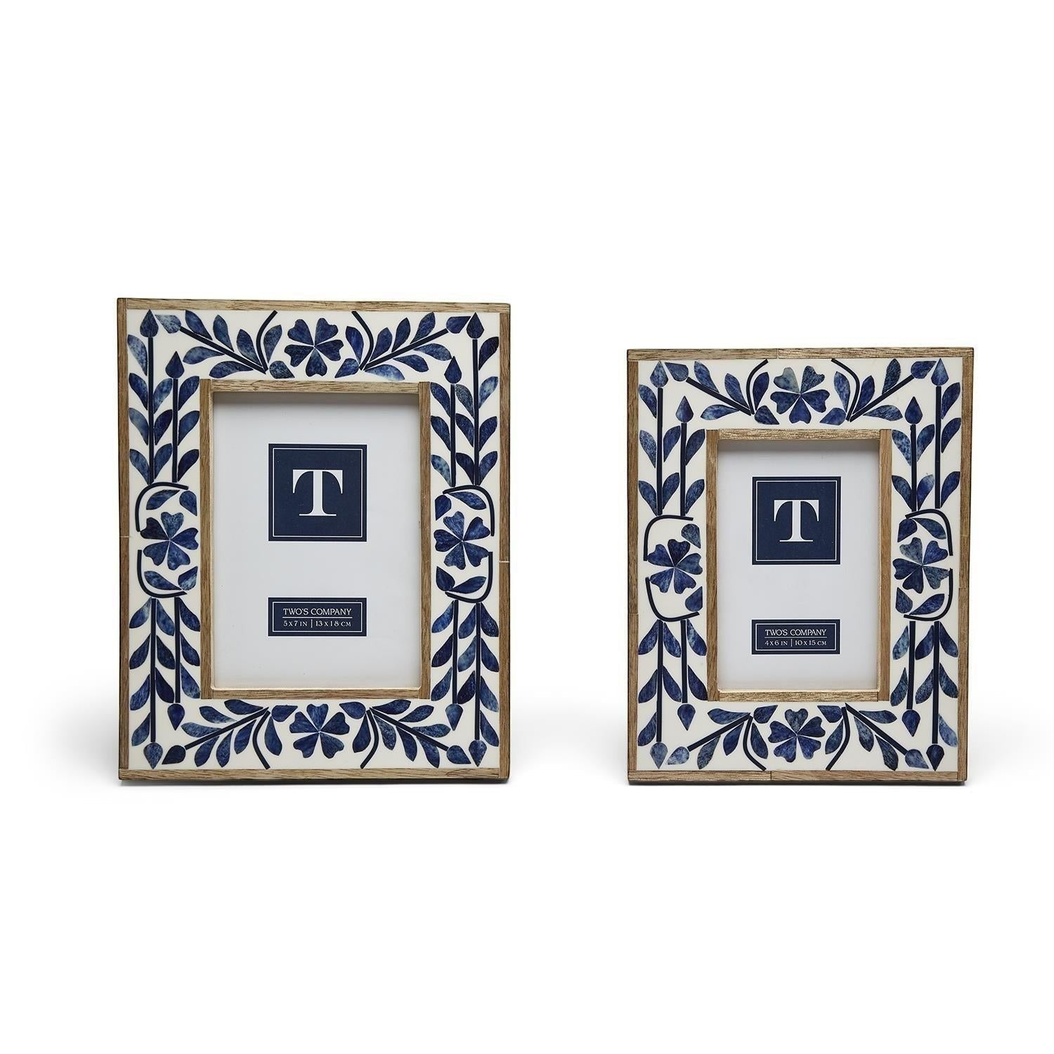Mellow Monkey indigo flower bone inlay photo frame with mango wood foundation. Resin base with hand-carved bone flowers.