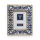 Mellow Monkey Indigo Flower Bone Inlay Photo Frame with blue floral bone inlay on white resin and mango wood. Stands vertically or horizontally.