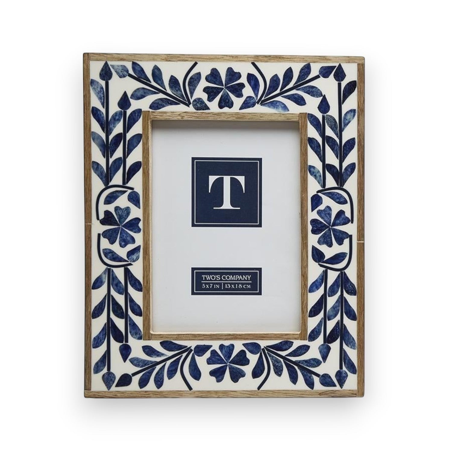 Mellow Monkey Indigo Flower Bone Inlay Photo Frame with blue floral bone inlay on white resin and mango wood. Stands vertically or horizontally.
