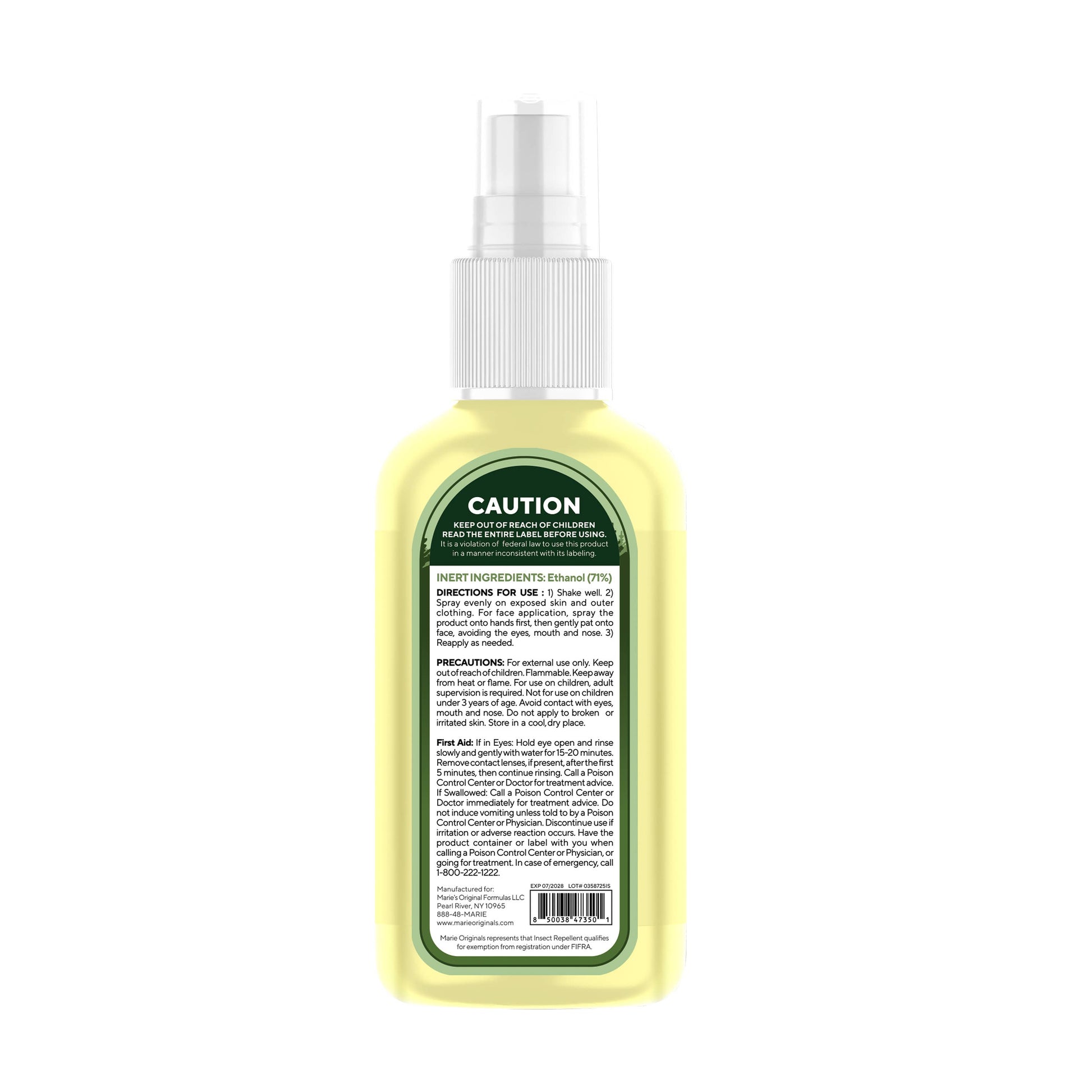 Mellow Monkey plant-based insect repellent spray bottle back label with ingredients and usage instructions
