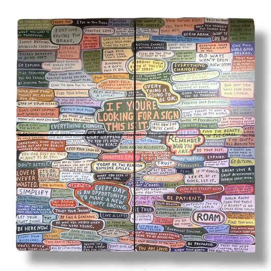 Mellow Monkey gallery wrap wall art featuring inspirational quotes in a grid layout on a 46-inch square canvas.