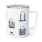 Mellow Monkey 12oz stainless steel insulated mug with a white glossy finish and watercolor tote bag print.