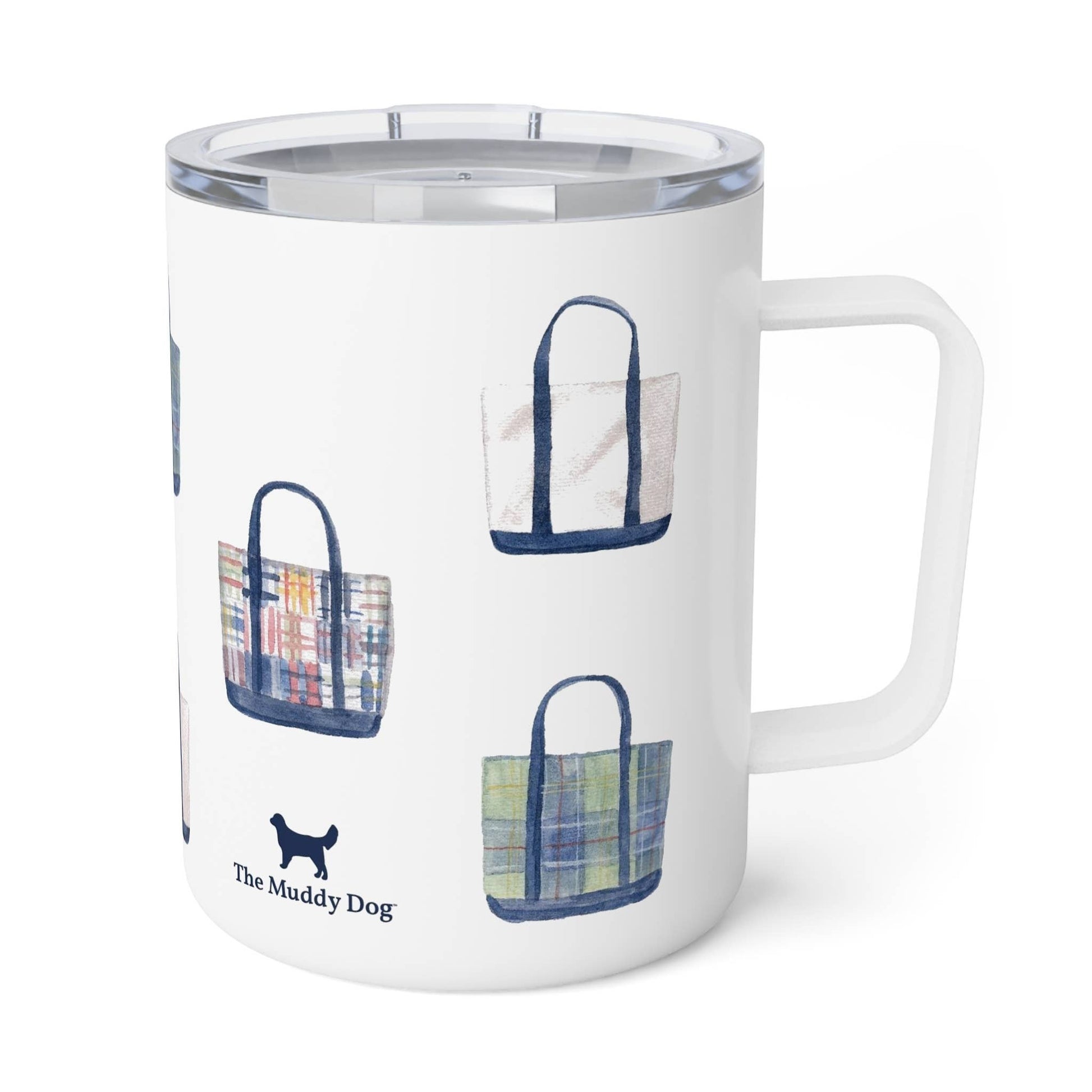 Mellow Monkey 12oz stainless steel insulated mug with a white glossy finish and watercolor tote bag print.