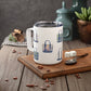 Mellow Monkey 12oz stainless steel insulated mug with a white glossy finish and a colorful summer tote bag print.