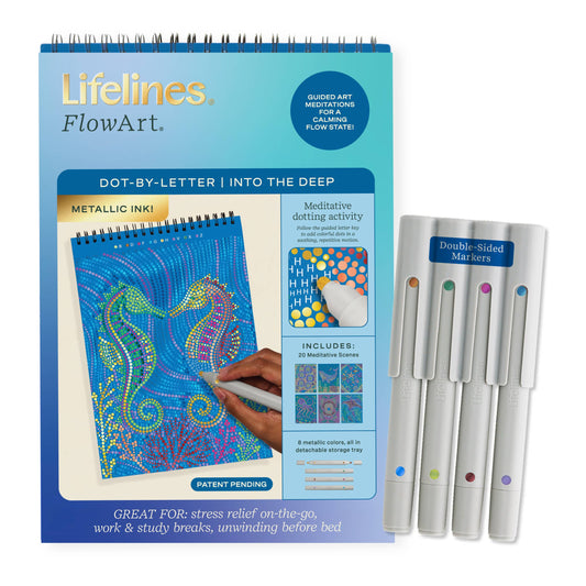 Mellow Monkey Into the Deep FlowArt kit with metallic markers and celestial dot-by-letter coloring activity pages.