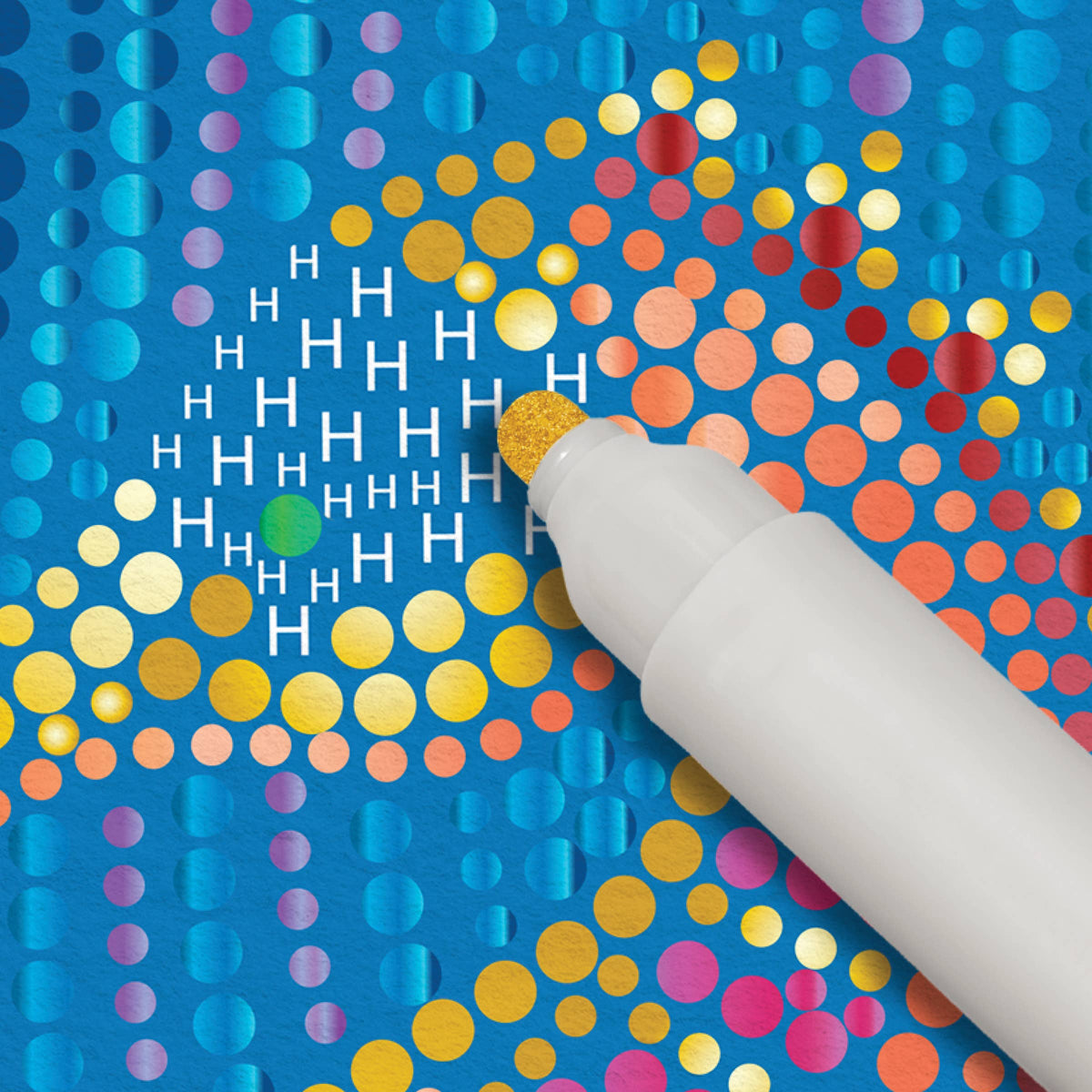 Mellow Monkey Into the Deep dot art kit with metallic gold marker filling in a celestial scene on blue paper