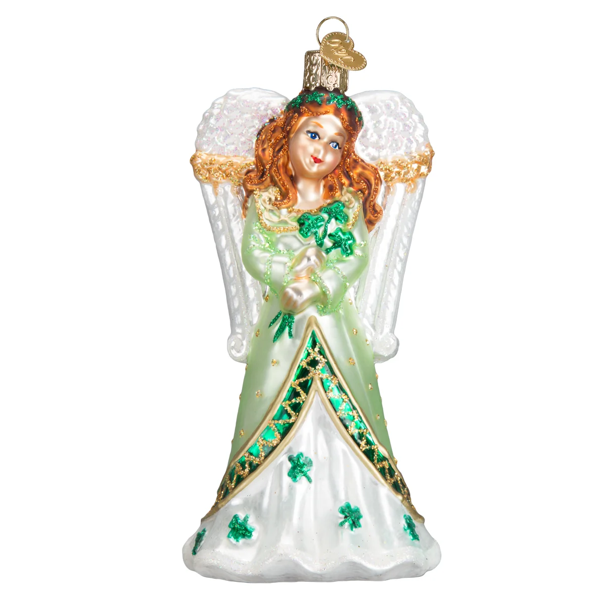 Mellow Monkey Irish Angel blown glass Christmas ornament featuring a green and white dress with shamrock details