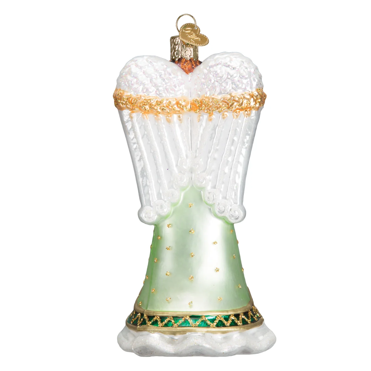 Mellow Monkey Irish Angel blown glass Christmas ornament featuring white wings and a pale green dress with gold trim.
