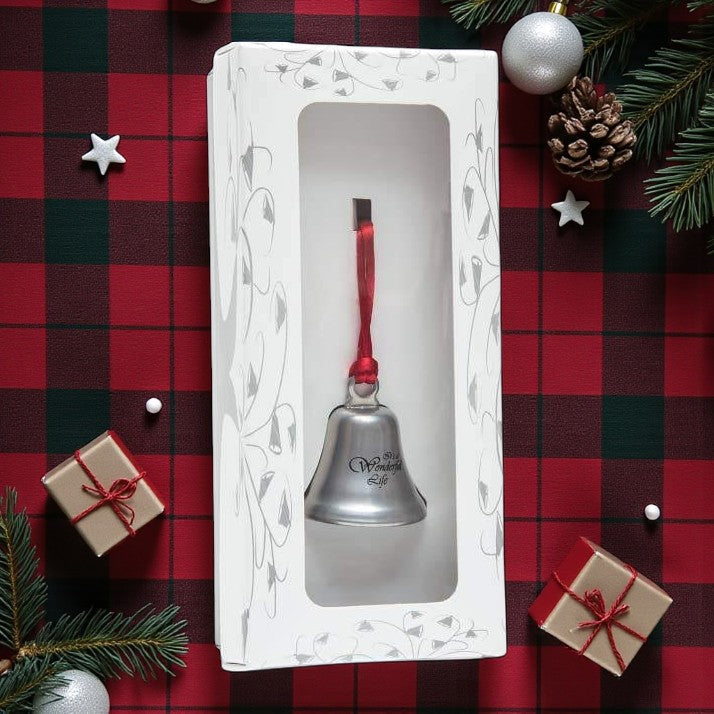 Mellow Monkey It's a Wonderful Life silver bell ornament with red satin ribbon in a decorative gift box