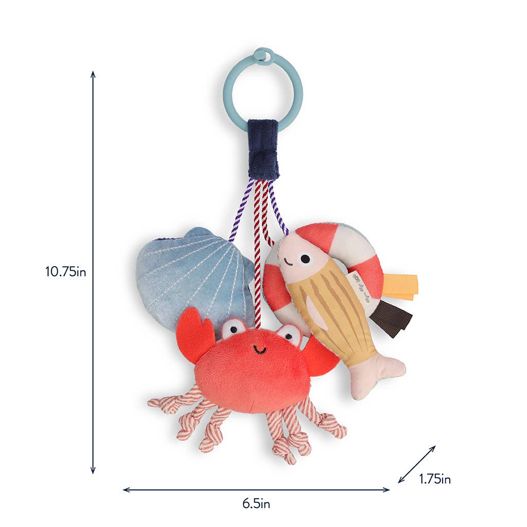 Mellow Monkey Itzy Travel Charms Seaside baby toy with soft plush crab, fish, and shell shapes with sensory features.