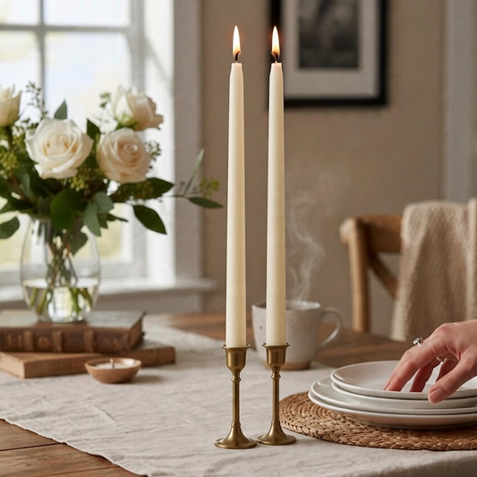 Mellow Monkey set of two 12.5-inch ivory flameless taper candles with realistic glowing flames on a dining table