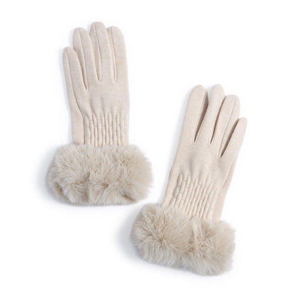 Mellow Monkey ivory knit gloves featuring soft faux fur cuffs for added warmth and a cozy winter style.