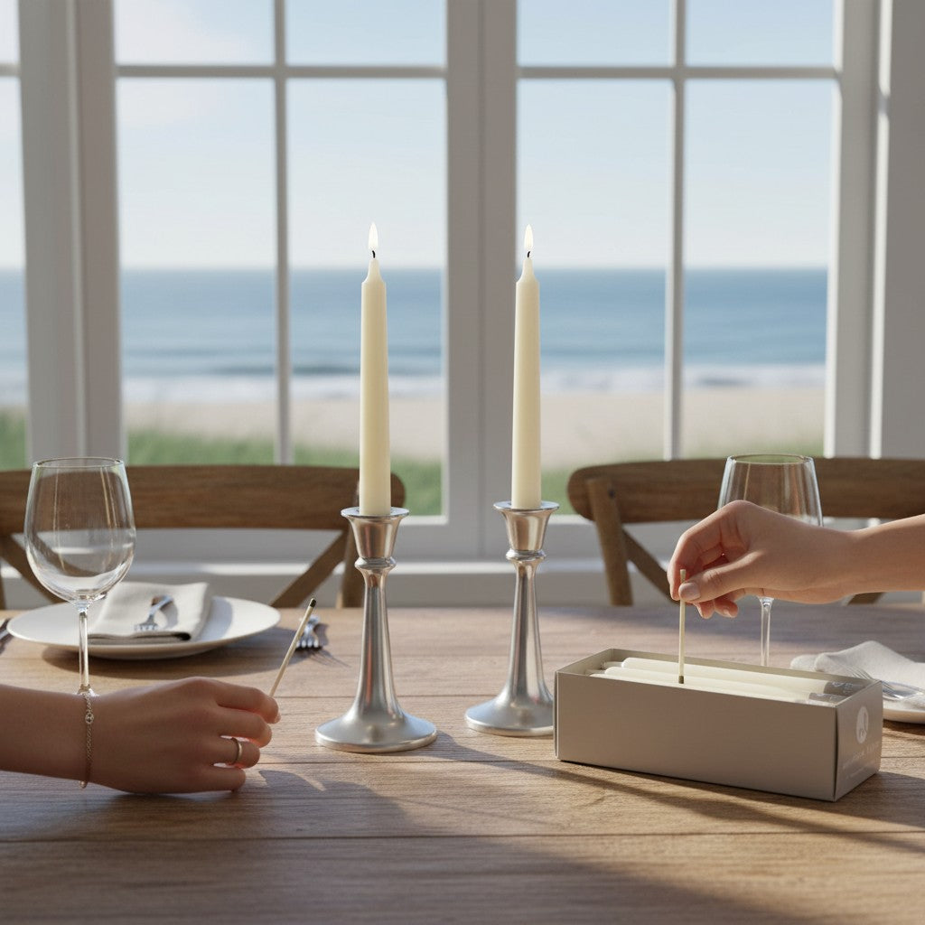 Mellow Monkey ivory 7-inch taper candles burning in silver holders on a dining table overlooking the ocean