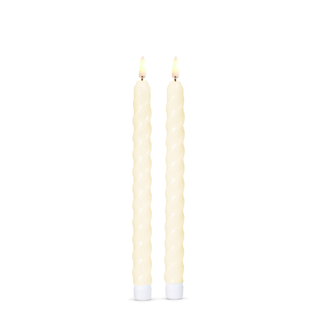 Mellow Monkey set of two 10.5-inch ivory twist taper flameless candles with a realistic warm LED glow.