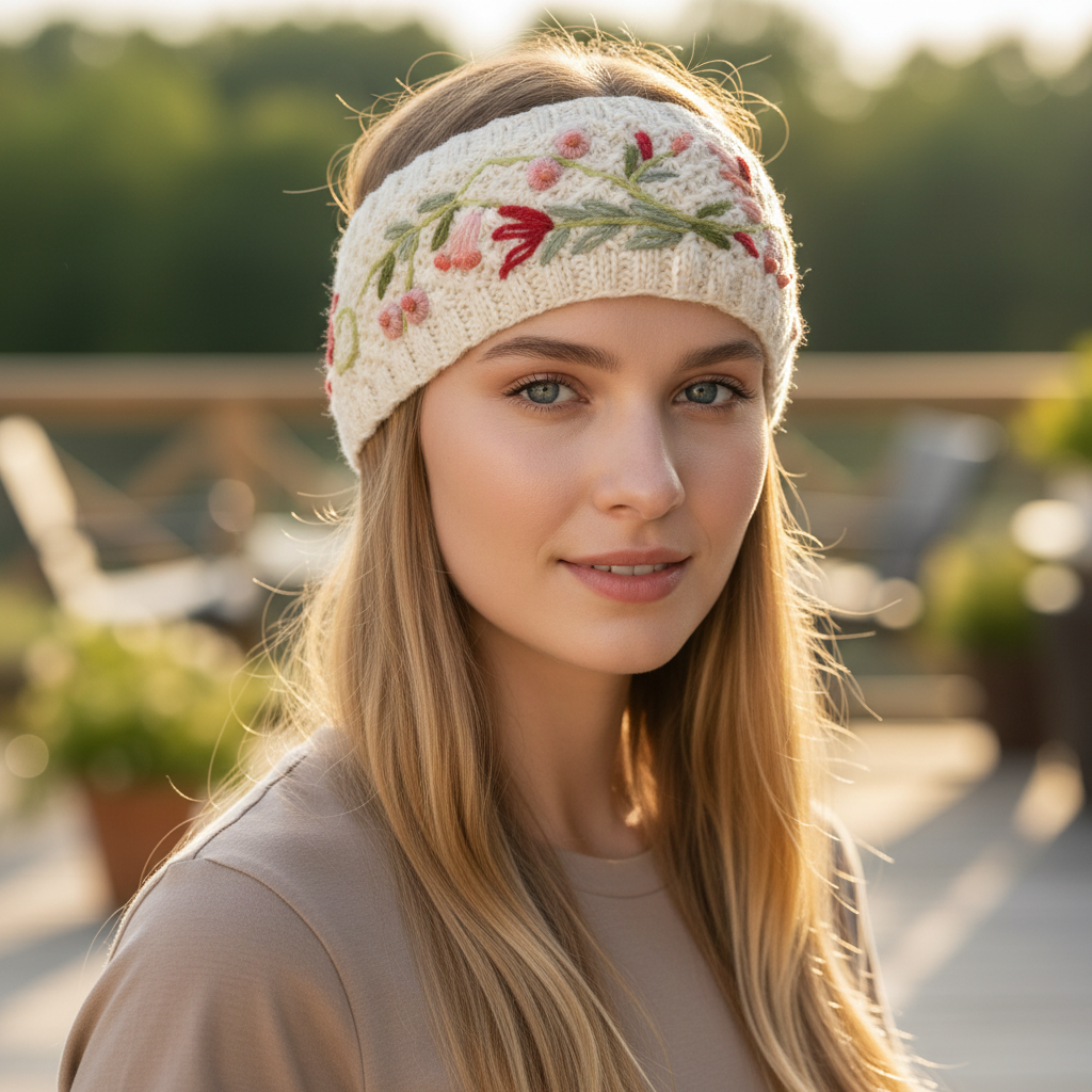 Mellow Monkey ivory hand-knit wool headband featuring delicate floral embroidery worn by a woman outdoors