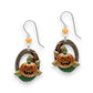 Mellow Monkey Silver Forest jack-o'-lantern hoop earrings with surgical steel wires and orange bead accents.