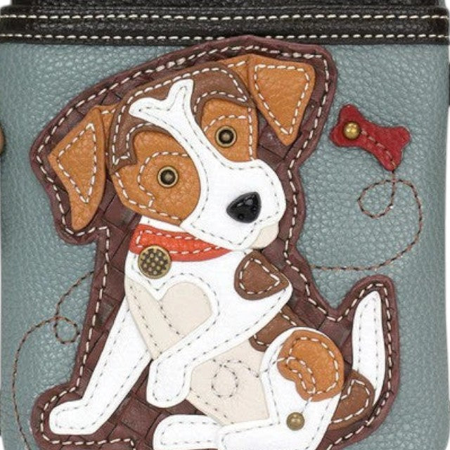 Mellow Monkey Jack Russell Chala Pal cellphone crossbody bag in blue-gray faux leather with dog applique and bone charm.